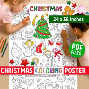 CHRISTMAS COLORING poster for preschool kids, easy printable coloring activity in jumbo size, simple outlines, instant download, digital PDF