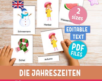 Seasons of the year Flashcards for kids: German & English Vocabulary, 56 Montessori Cards (PDF)