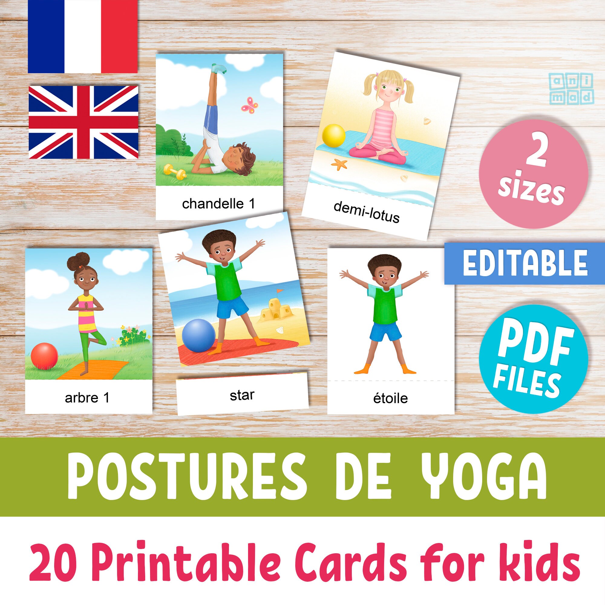 YOGA POSES Printable Flashcards for Kids in French &amp; English, 20 ...