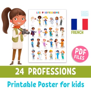 PROFESSIONS printable POSTER for preschool kids in FRENCH, community helpers vocabulary, toddler homeschool & classroom educational decor