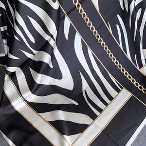 Zebra print satin silk scarf gold chain.