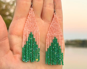 Chromatic Sparkle Fringe Earrings - Aurora Green & Petal Pink