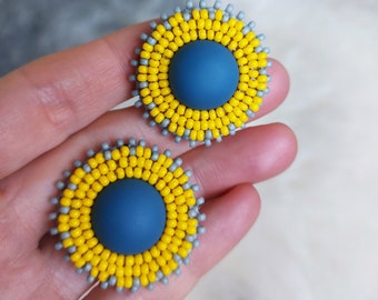 Colourblock Stud Earrings - Blue and Yellow