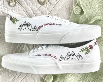 Floral Snow Topped Mountain Vans Authentic Trainers | Hand Embroidered