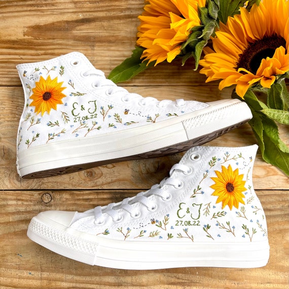 Woodland Sunflower All Star High Top Converse Hand Embroidered Etsy Canada