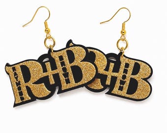 R and B Glitter Statement Earrings | Black and Gold Acrylic Dangle Earrings | Concert Inspired