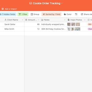 May include: Screenshot of a spreadsheet application showing a list of cookie orders. The spreadsheet has columns for client name, amount, notes, inspiration photos, cookie cutters needed, and due date. The spreadsheet is titled "Cookie Order Tracking".