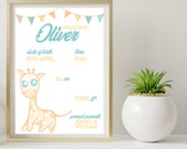 Personalised PDF Child Birth, Giraffe, cutie pic, digital printable, gift for mum, dad and baby birth, custom birth picture, zodiacal sign