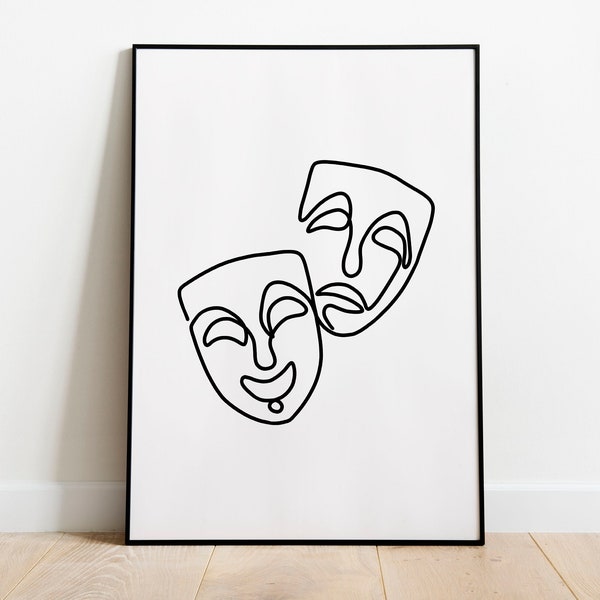 Comedy and Tragedy Mask, Single Line Face Art Print, Theatre Masks Art, Printable Wall Art, Simple Line Art Face, Face Print