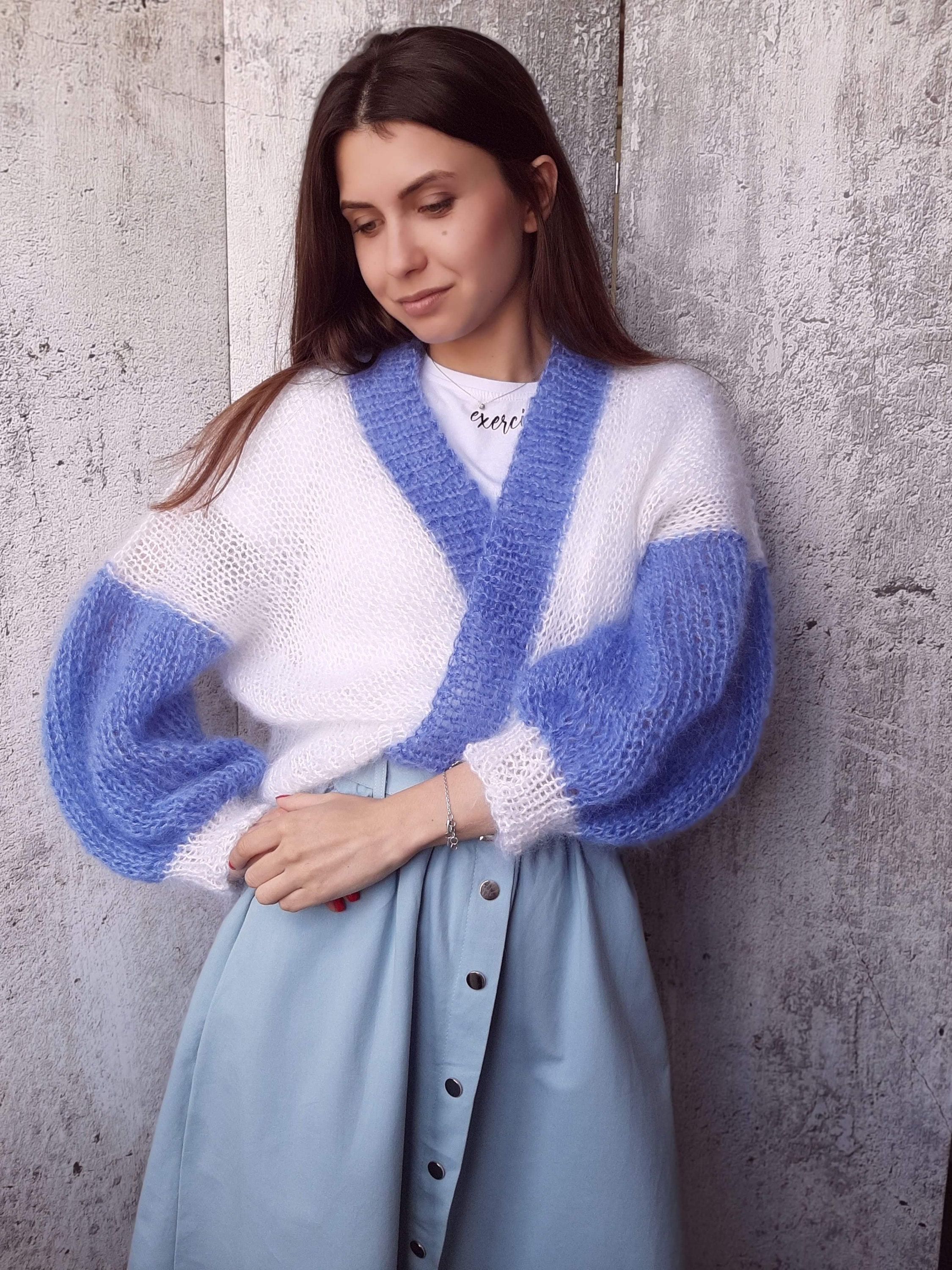 Fluffy cardigan Mohair Two Color cardigan Long handknit Etsy