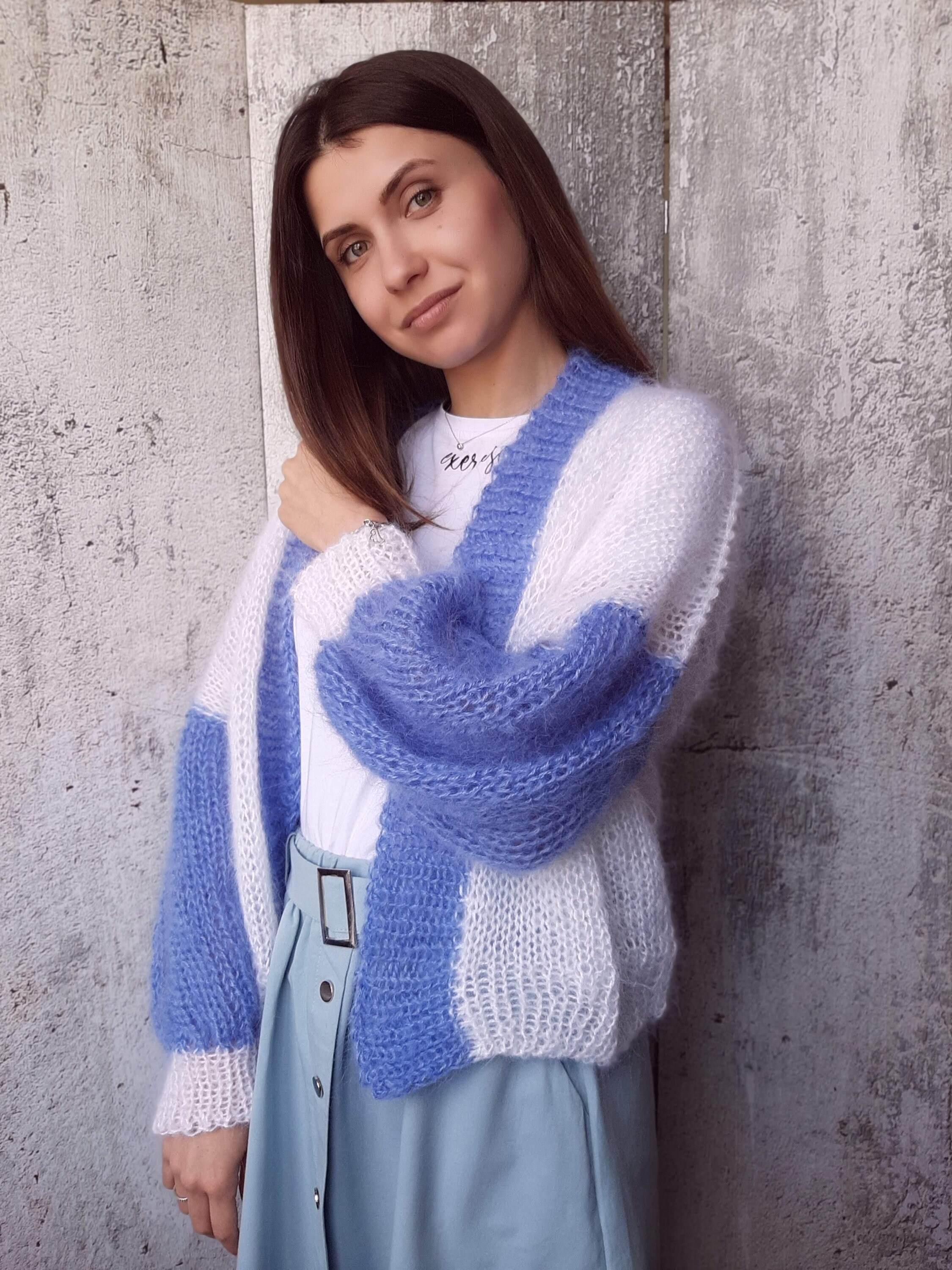 Fluffy cardigan Mohair Two Color cardigan Long handknit Etsy