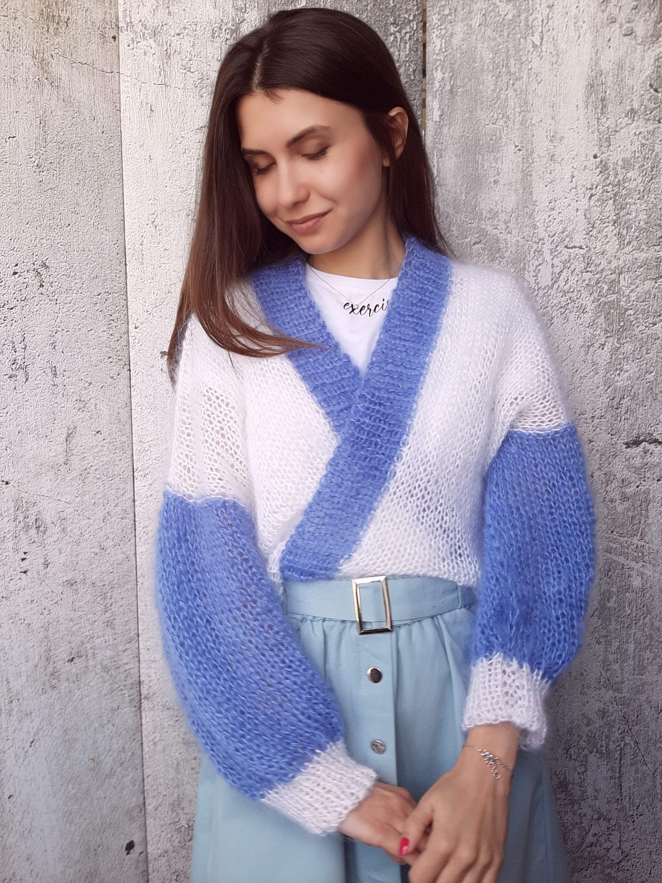 Fluffy cardigan Mohair Two Color cardigan Long handknit Etsy