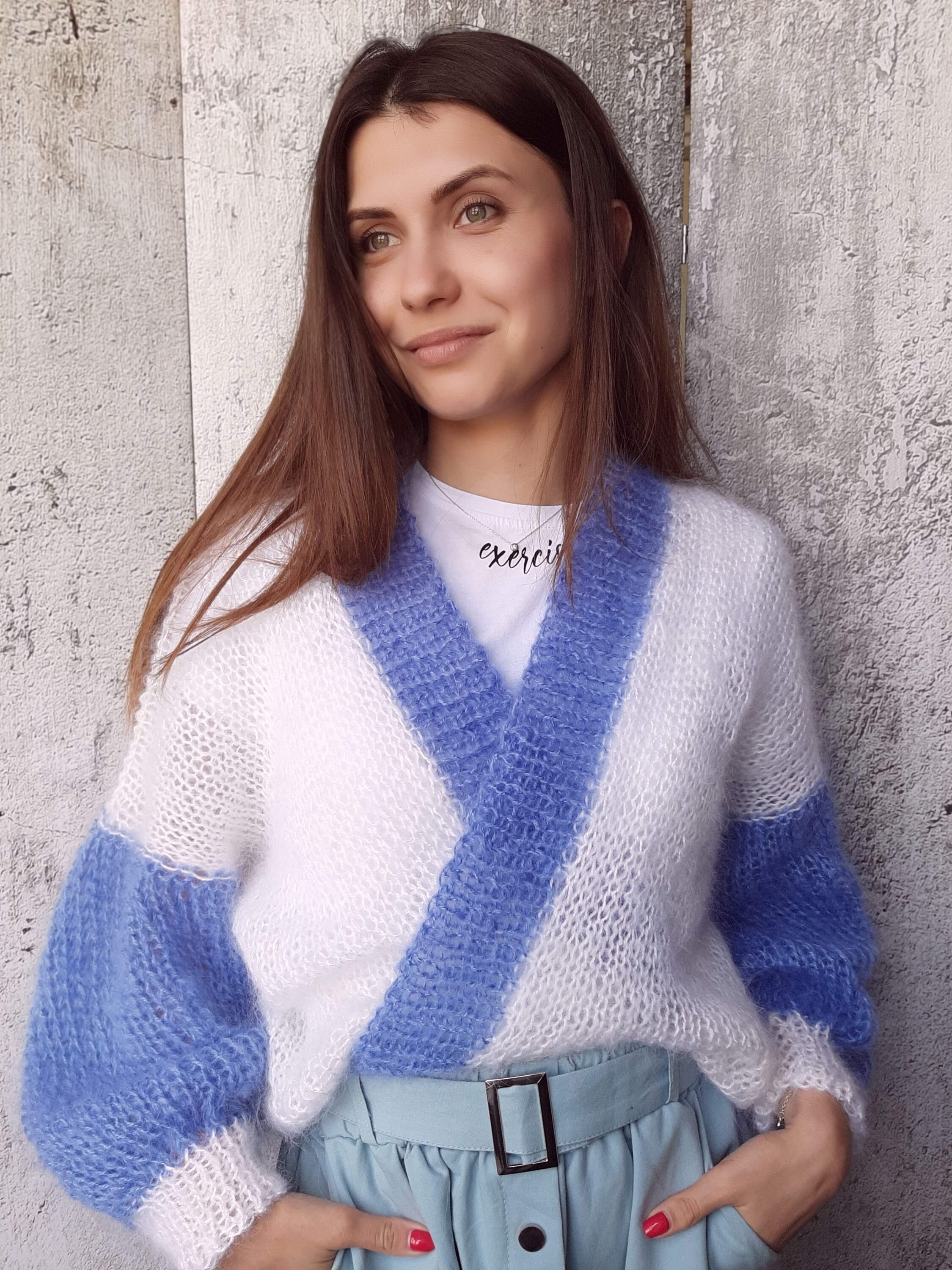 Fluffy cardigan Mohair Two Color cardigan Long handknit Etsy
