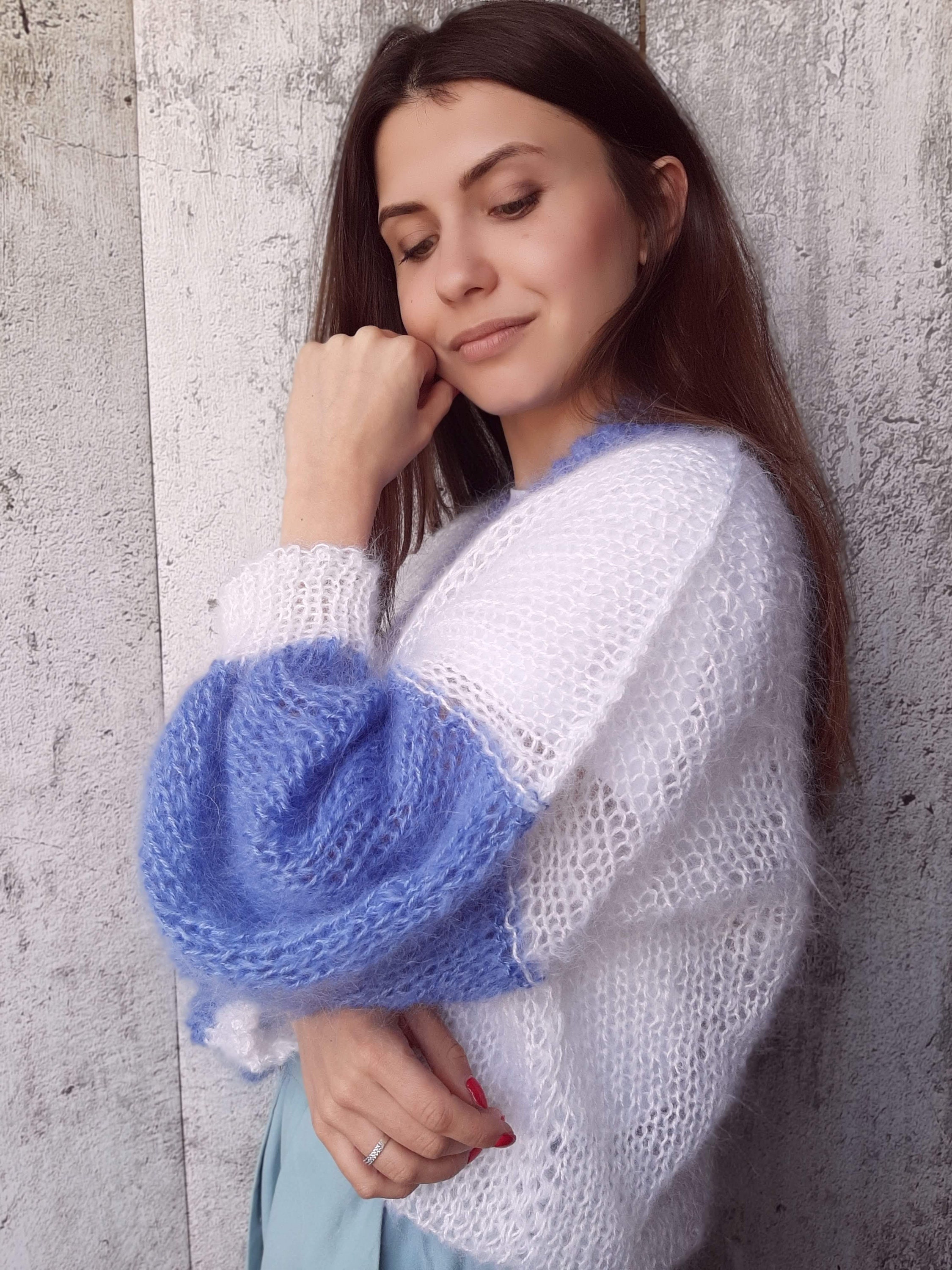 Fluffy cardigan Mohair Two Color cardigan Long handknit Etsy