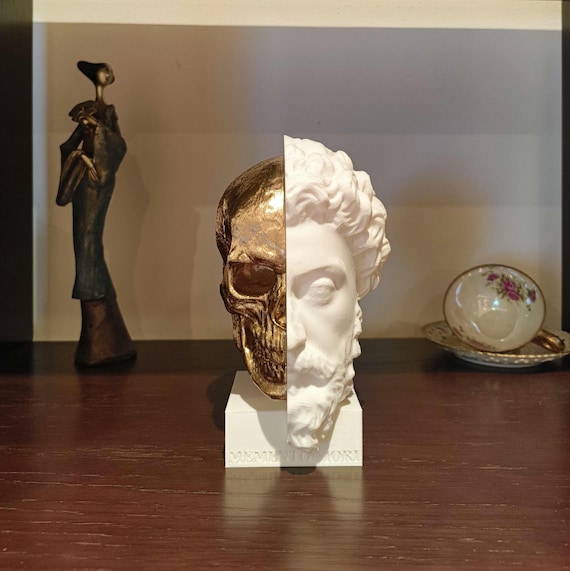 Marcus Aurelius | Memento Mori, Roman Stoic Emperor Bust | Office | Gift | Skull | Stoicism | 20cm/8in