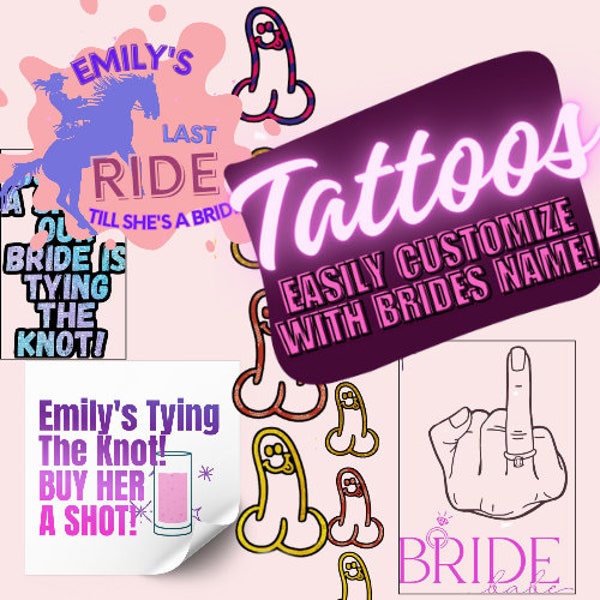 Bachelorette Tattoos - 23 long lasting tattoos | Bach Party Decoration, Bridesmaid Favor, Bride to Be Gift + Bridal Shower Supplies