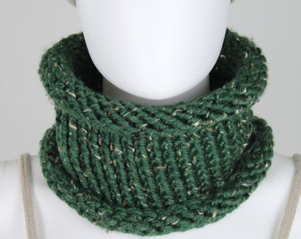Hand Knit Cowl Scarf | Green Tweed, shawl, scarf, wrap, winter, neck warmer, gift for her, unisex, ready to ship, chunky knit, warm
