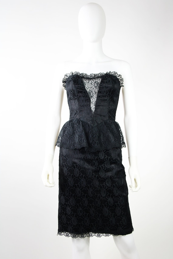 Vintage Gunne Sax 80s Black lace Peplum Dress