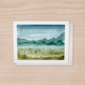 Carte de félicitations pour diplômé, carte de montagnes, aquarelle paysage à l'arrêt, carte pour lettres avec enveloppe, carte de diplômé unique, carte d'amant de la nature