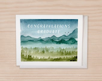 Tarjeta de felicitación de graduación, tarjeta de montañas, papelería con paisaje de acuarela, tarjeta con sobre, tarjeta de graduación única, tarjeta para amantes de la naturaleza