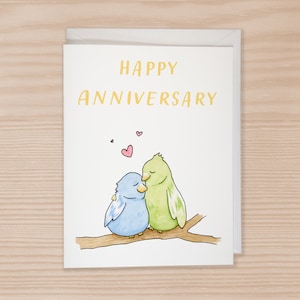 Tarjeta de feliz aniversario, Tarjeta romántica, Papelería de acuarela, Tarjeta con sobre, Tarjeta de aniversario única, Tarjeta de amante de la naturaleza, Pájaros del amor