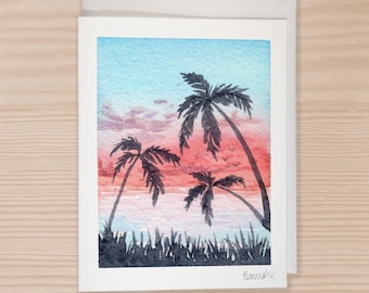 Watercolor Landscape Card Set Of 6, Notecard Set With Envelope, Watercolor Greeting Card, Nature Lover Card, Watercolor, Sunset, Palms