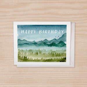 Cartão de feliz aniversário, cartão de montanhas, papelaria de paisagem em aquarela, cartão com envelope, cartão de aniversário exclusivo, cartão de amante da natureza