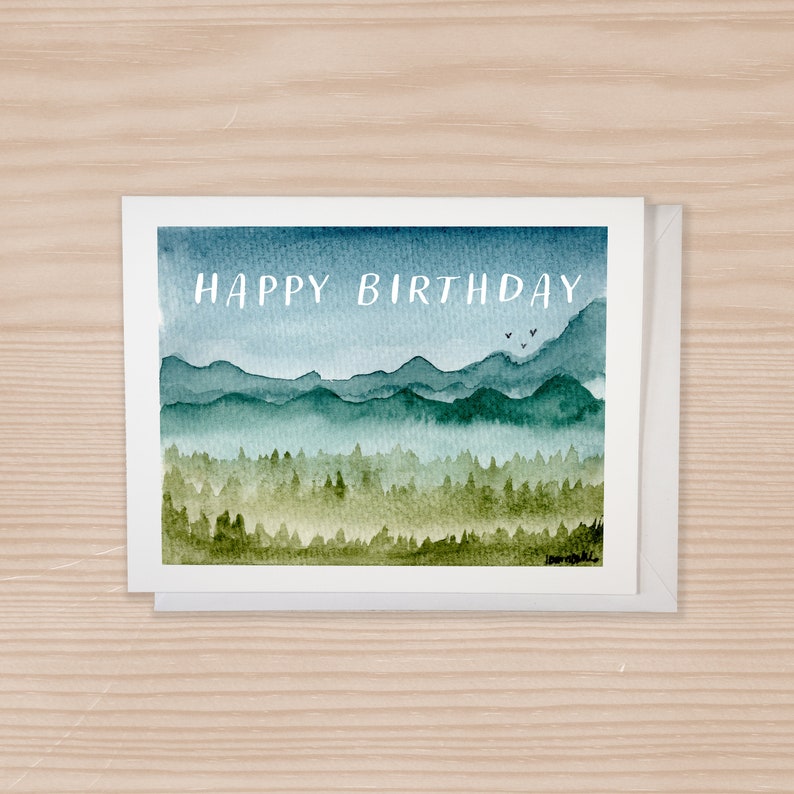 Happy Birthday Card, Mountains Card, Watercolor Landscape Stationary ...