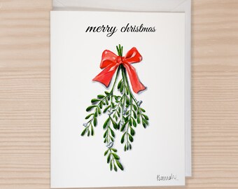 Christmas Cards Set Of 6, Notecard Set With Envelope, Holiday Mistletoe card, Painted Card, Holiday Card, Homemade Christmas Card