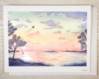 Watercolor Card Landscape Card Set Of 6, Notecard Set With Envelope, Scenery Blank Card, Watercolor Greeting Card, Watercolor Sunset