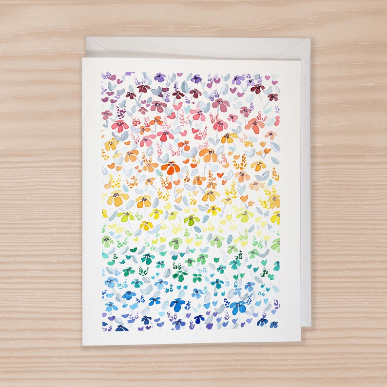 Watercolor Card Rainbow Flower Field Notecard Set of 6, Flower Notecard ...