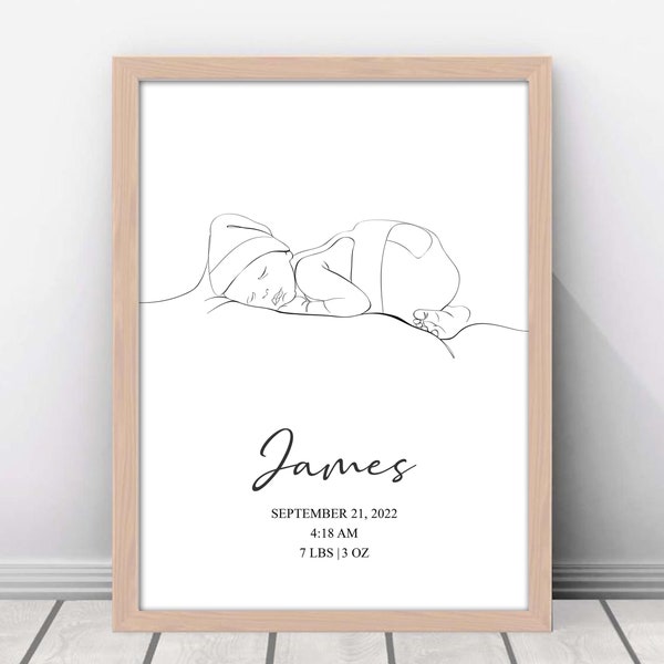 newborn line art, custom newborn photo illustration, baby line art, keepsake baby line art, personalized newborn line art, nursery wall art