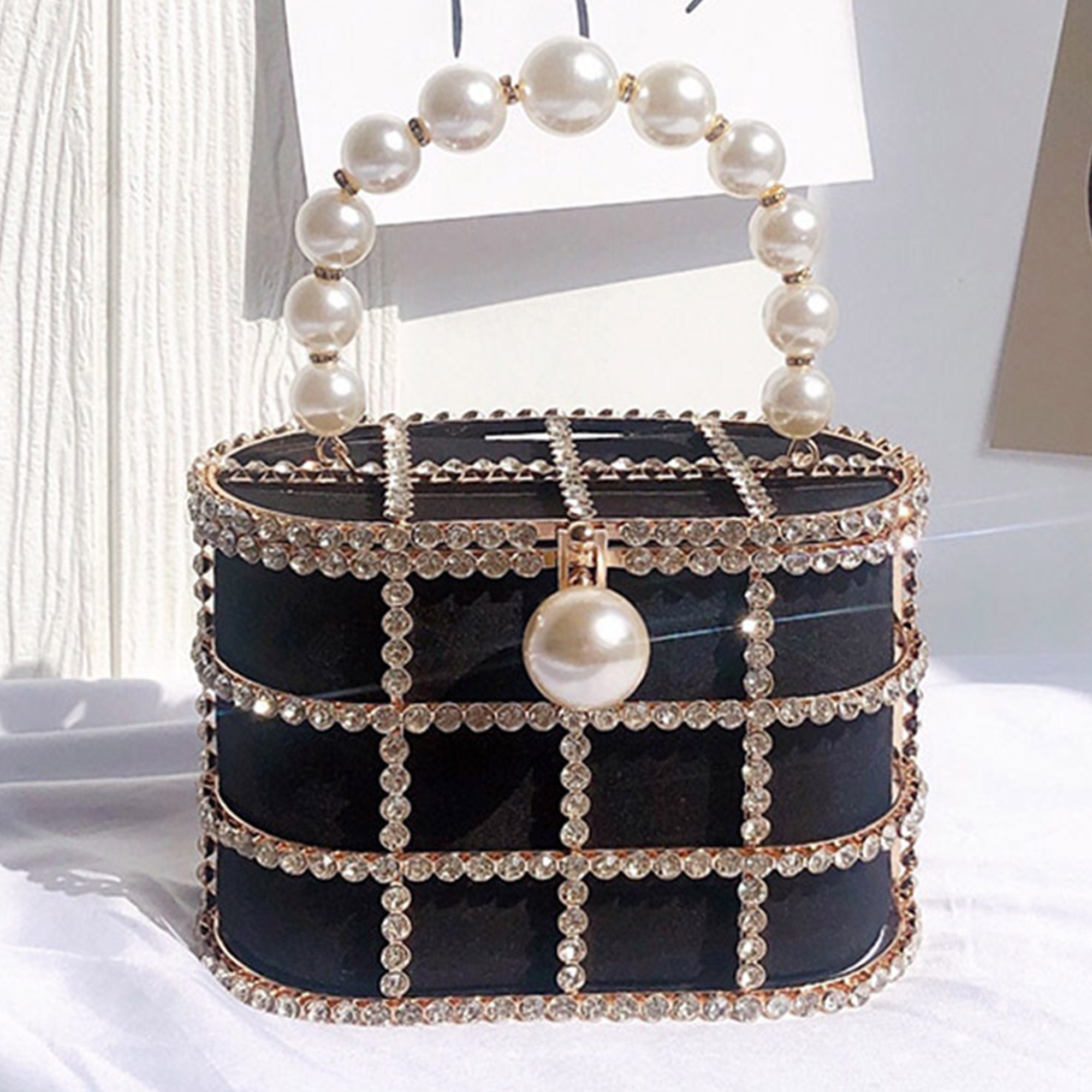 Women Synthetic Pearl TopHandle Crystal Metal Bucket Bag Etsy
