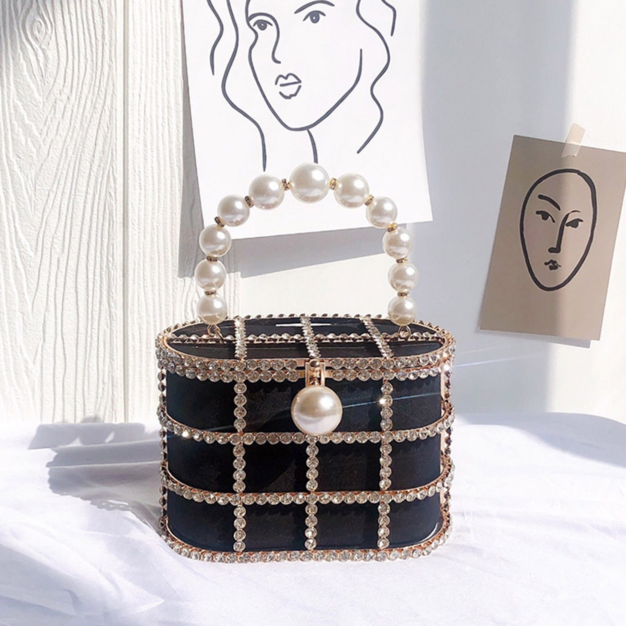 Women Synthetic Pearl Top-Handle Crystal Metal Bucket Bag | Etsy