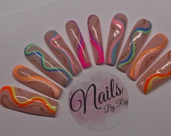 Neon Summer Rainbow Swirl Press On Custom Nails