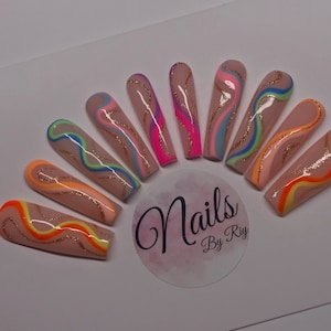 Neon Summer Rainbow Swirl Press On Custom Nails