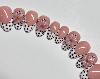 Polka Dot 3D Flower French Tip Press On Nails RIYNAILS