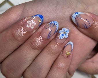 Blue 3D Flower Summer Press On Nails RIYNAILS