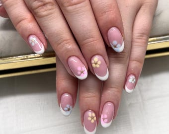 Pastel Blooming Flower French Tip Press On Nails RIYNAILS