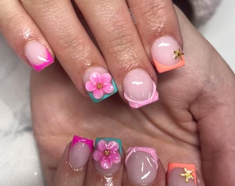 Neon Summer 3D Flower and Starfish Press On Nails RIYNAILS