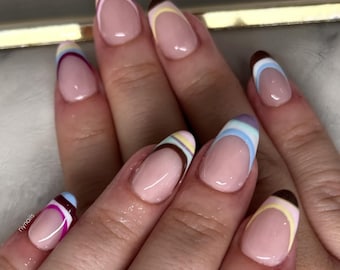 Mix and Match Multicolour Stripe French Tip Press On Nails RIYNAILS