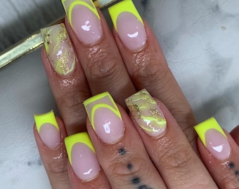 Neon Yellow Marble Press On Nails RIYNAILS