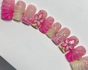Pink and Yellow Flower 3D Nail Art Press On Nails RIYNAILS