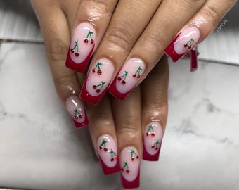 Red Cherry French Tip Press On Nails RIYNAILS