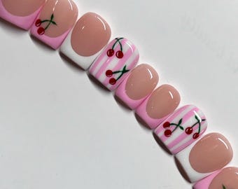 Pink and White Striped Cherry Press On Nails RIYNAILS