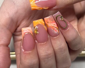 Orange Marble Starfish Press On Nails RIYNAILS