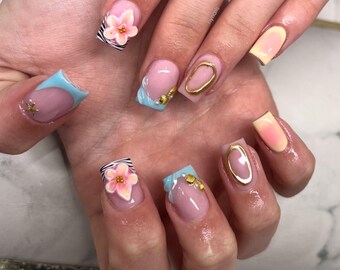 Summer Starfish and Flower 3D Nail Art Press On Nails RIYNAILS
