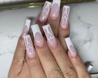 White Glitter Flame Tip Press On Nails RIYNAILS