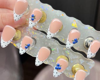 Polka Dot French with 3D Blueberries Press On Nails RIYNAILS