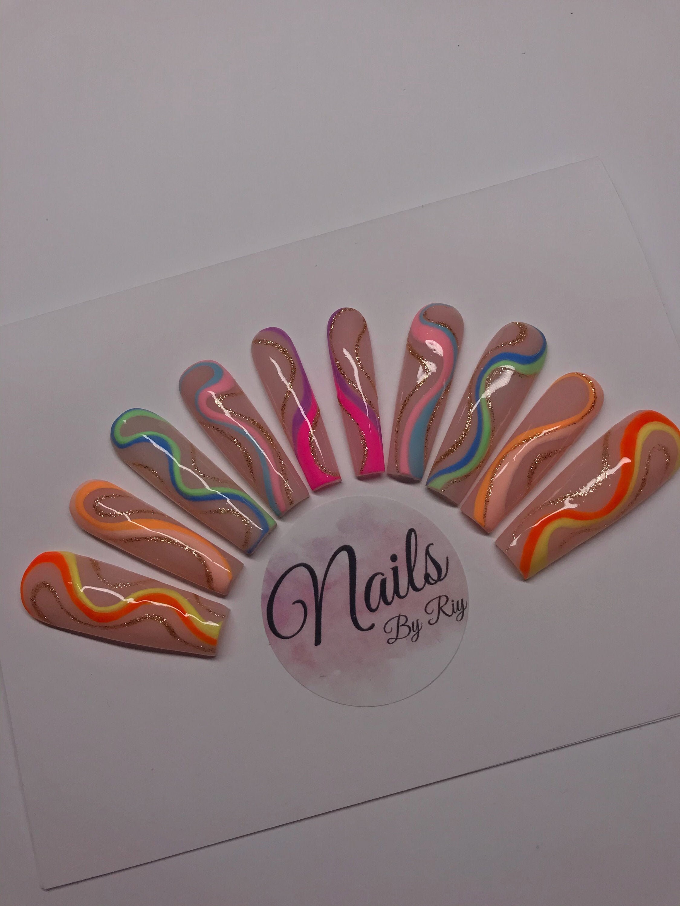 Neon Summer Rainbow Swirl Press On Custom Nails